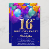 第16誕生日ネイビーブルーと金ゴールドバルーンカラフル 招待状 (正面/裏面)