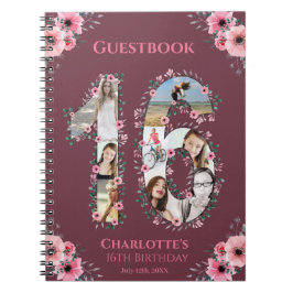 第16誕生日フォトコラージピンクフラワーゲストブック ノートブック