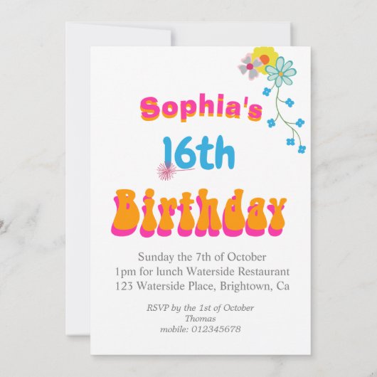 第16誕生日フローラフラワーカラフル招待状 招待状 (裏面)