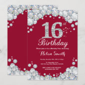 第16誕生日ブルゴーニュ・レッドとシルバー・ダイヤモンド 招待状 (正面/裏面)
