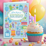 第16誕生日ブルーケーキバルーンカード カード<br><div class="desc">16誕生日のための青いバースデーカードは、お祝いのためのあらゆる種類のごちそうがいっぱいだ。ケーキ、プレゼント、風船、花、パーティーの帽子が青い背景にカードを埋め、カードの内側に底を型枠す縁どる。</div>