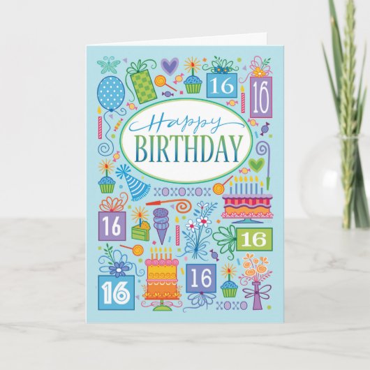 第16誕生日ブルーケーキバルーンカード カード (正面)