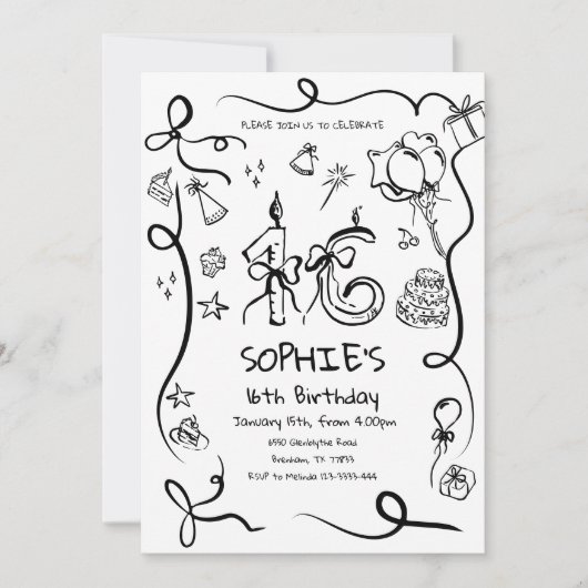 第16誕生日招待状お洒落、スウィート16 招待状 (正面)