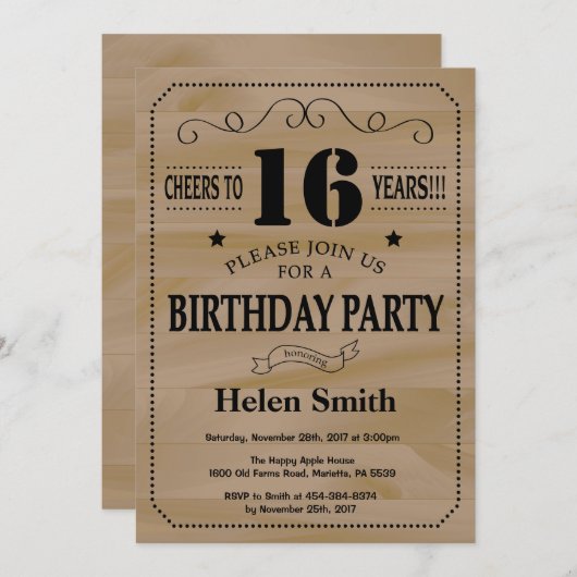 第16誕生日招待状ウッ素朴ド 招待状 (正面/裏面)