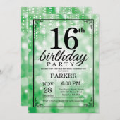 第16誕生日招待状グリーングリッター 招待状 (正面/裏面)