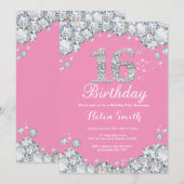 第16誕生日招待状ピンク&シルバーダイヤモンド 招待状 (正面/裏面)