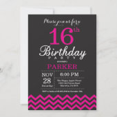 第16誕生日招待状ブラックとホットピンク 招待状 (正面)