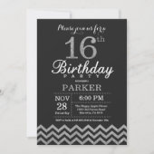 第16誕生日招待状ブラックアンドシルバーグリッター 招待状 (正面)