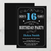 第16誕生日招待状ブルーとブラックの黒い黒板 招待状 (正面/裏面)