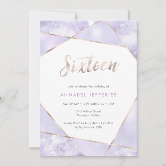 第16誕生日招待状紫と金ゴールド 招待状 (正面)