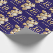 第16誕生日海軍青と金ゴールドグリッター気球 ラッピングペーパー (角)