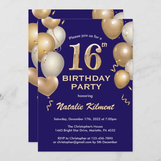 第16誕生日海軍青と金ゴールドグリッター気球 招待状 (正面/裏面)