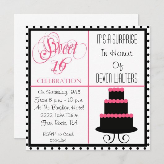 第16誕生日甘い16パーティの招待状を驚かして下さい 招待状 (正面/裏面)