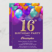 第16誕生日紫と金ゴールドの吹きカラフル出 招待状 (正面/裏面)