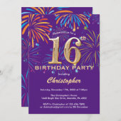 第16誕生日紫と金ゴールドレインボー花火 招待状 (正面/裏面)