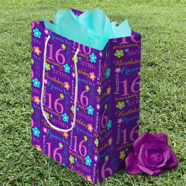 第16誕生日紫ピンクイエローアクア名前をカスタムする ミディアムペーパーバッグ