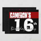 第16誕生日赤モダン色白黒星v01 招待状 (正面/裏面)