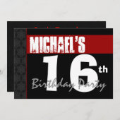 第16誕生日赤モダン色白黒星v03 招待状 (正面/裏面)