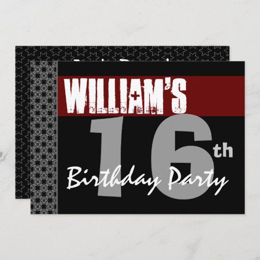 第16誕生日赤モダン黒シルバーW1701 招待状 (正面/裏面)