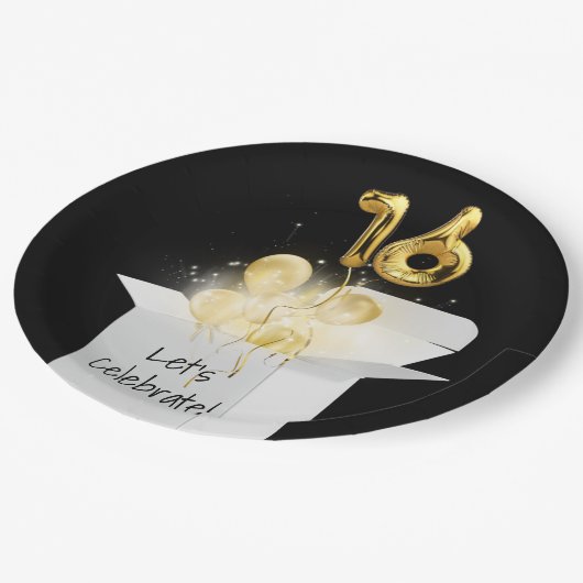 第16誕生日金ゴールドバルーン(白いボックス) ペーパープレート (アングル)