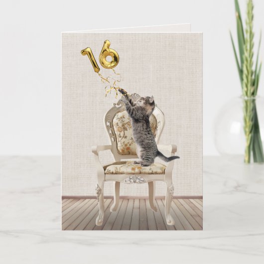 第16誕生日風船とタビーキャット カード (正面)