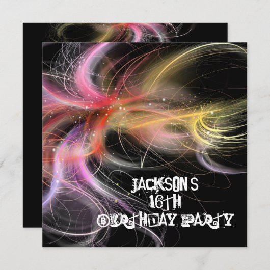 第16誕生日黒色数々の宇宙旋回 招待状 (正面/裏面)