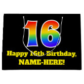 第16誕生日～おもしろい, カラフル, 鮮やか, Rainbow 16 ラージペーパーバッグ (正面)