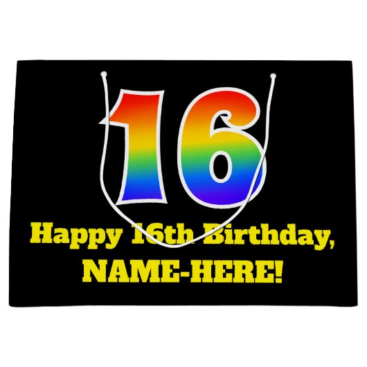 第16誕生日～おもしろい, カラフル, 鮮やか, Rainbow 16 ラージペーパーバッグ (正面)