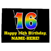 第16誕生日～おもしろい, カラフル, 鮮やか, Rainbow 16 ラージペーパーバッグ (裏面)