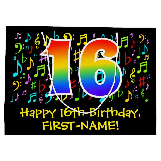 第16誕生日-ミュージッカラフルクシンボル、レインボー16 ラージペーパーバッグ (裏面)