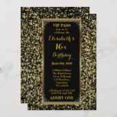 第16、誕生日第16のグリッターの金ゴールド、チケット、黒い金ゴールド 招待状 (正面/裏面)