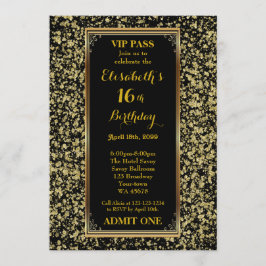 第16、誕生日第16のグリッターの金ゴールド、チケット、黒い金ゴールド 招待状