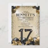 第17バルーンブラック金ゴールド誕生日 招待状 (正面)