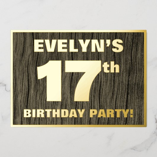 第17回誕生日パーティーはっきりした:木目フェイク模様 箔招待状 (正面)