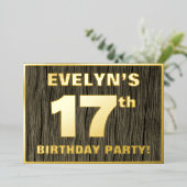 第17回誕生日パーティーはっきりした:木目フェイク模様 箔招待状 (立ち正面)