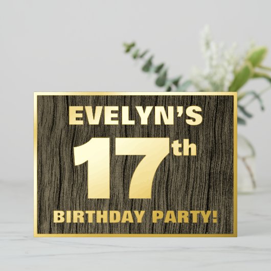 第17回誕生日パーティーはっきりした:木目フェイク模様 箔招待状 (立ち正面)