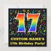 第17回誕生日パーティー:おもしろいミュージックシンボル,レインボー17 招待状 (正面)