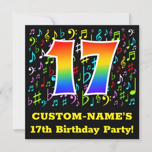 第17回誕生日パーティー:おもしろいミュージックシンボル,レインボー17 招待状 (正面)