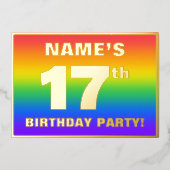 第17回誕生日パーティー:おもしろい、レインボーカラフルパターン 箔招待状 (正面)
