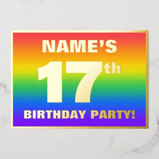 第17回誕生日パーティー：おもしろい、レインボーカラフルパターン 箔招待状 (正面)