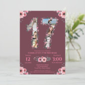 第17誕生日の少女フォトコラージピンクフラワー 招待状 (スタンド正面)