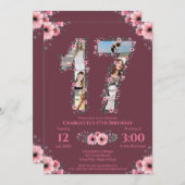 第17誕生日の少女フォトコラージピンクフラワー 招待状 (正面/裏面)