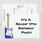 第17誕生日の招待状の、青および白いギター 招待状 (正面/裏面)