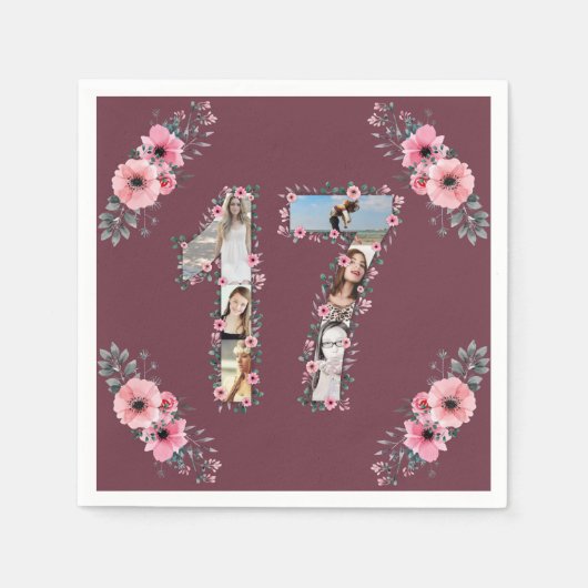 第17誕生日ガールフラワーフォトコラージュ スタンダードカクテルナプキン (正面)