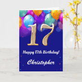 第17誕生日ネイビーブルーと金ゴールドバルーンカラフル カード (黄色い花)