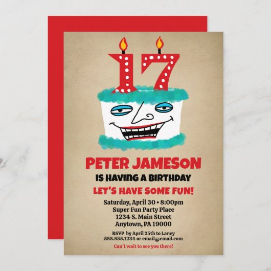 第17誕生日招待状おもしろいケーキメカジュアルンス 招待状 (正面/裏面)
