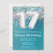 第17誕生日招待状ティール(緑がかった色)シルバーグリッター 招待状 (正面)