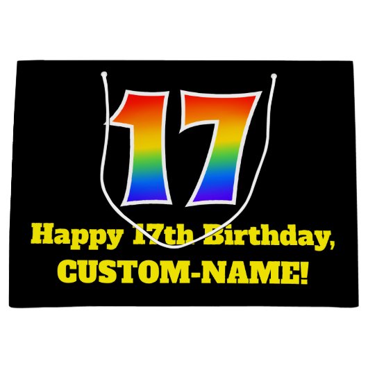 第17誕生日~おもしろい, カラフル, 鮮やか, Rainbow 17 ラージペーパーバッグ (正面)