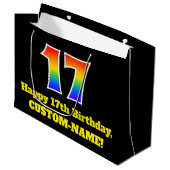 第17誕生日~おもしろい, カラフル, 鮮やか, Rainbow 17 ラージペーパーバッグ (正面アングル)