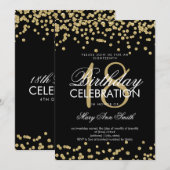 第18エレガント誕生日金ゴールドグリッター紙吹雪ブラック 招待状 (正面/裏面)